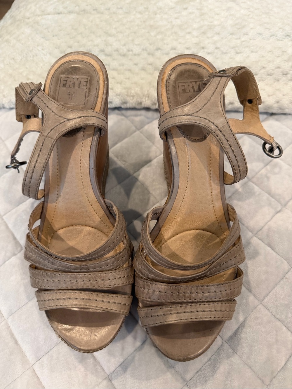 FRYE Taupe Leather Strappy Wedge Sandals